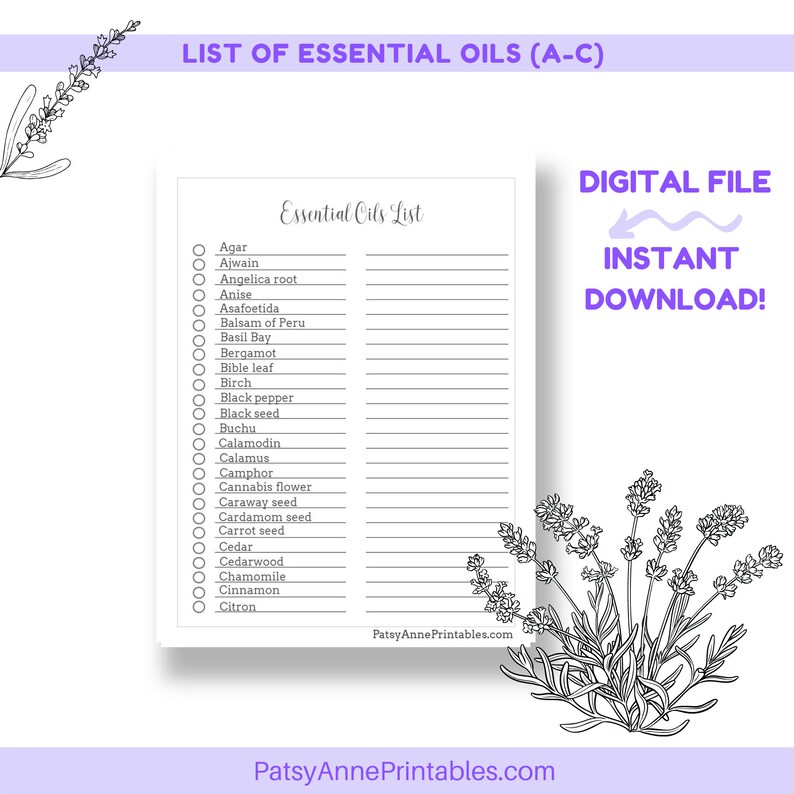 Printable Essential Oils List, Aromatherapy, Spa, Healing Etsy