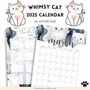2025 Calendar Whimsy Cat, Cat Theme Calendar Printable, Instant Download!