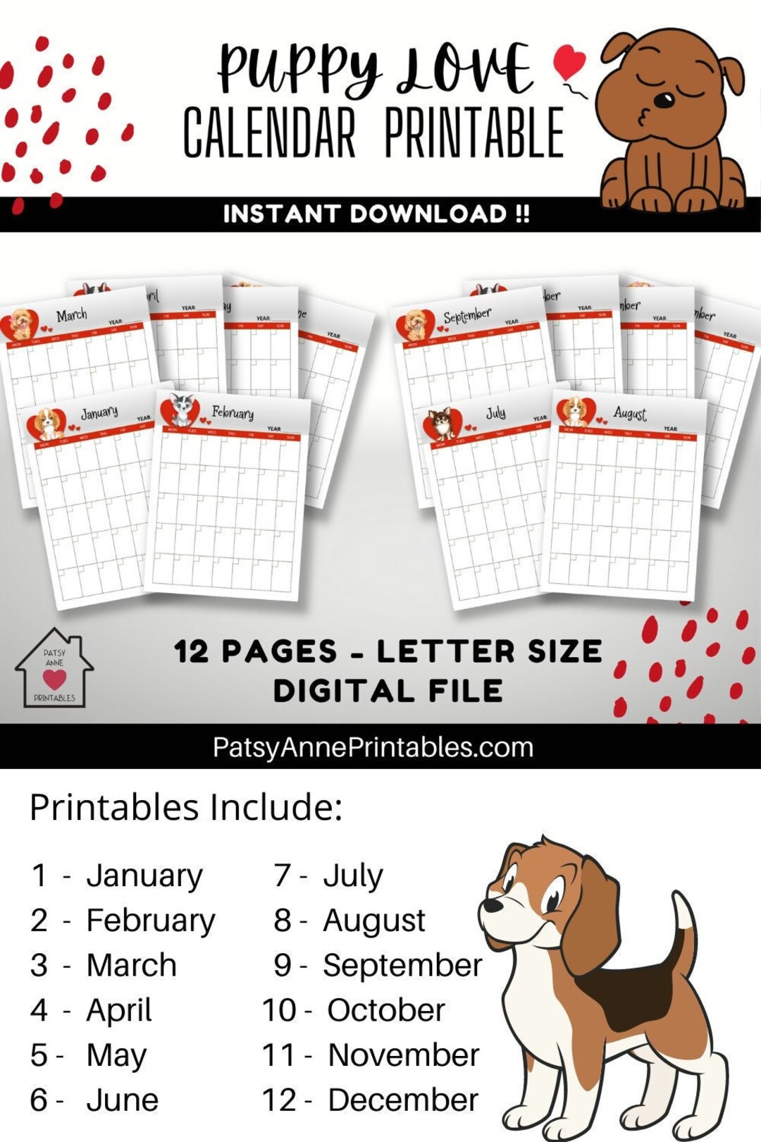 Puppy Love Undated Calendar Printable | Puppy Calendar Printable ...
