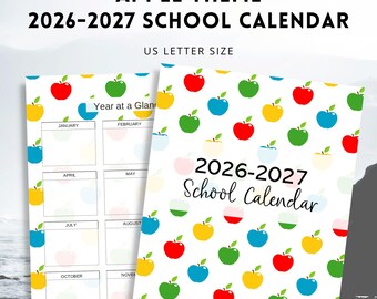 Apple theme 2026 - 2027 School Calendar, American Calendar Printable, Instant Download!