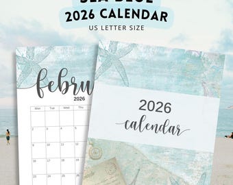 2026 Sea Blue Calendar, Ocean theme Calendar Printable, Instant Download!