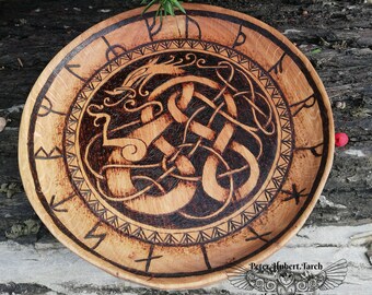 VIKING DRAGON plate with younger Futhark - Viking dragon- viking decor - pyrography art -woodburning - wooden gift