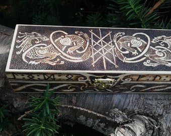 SKOLL and HATI wooden box - wooden box with handburned norse mythology motif and runes futhark -pyrography art