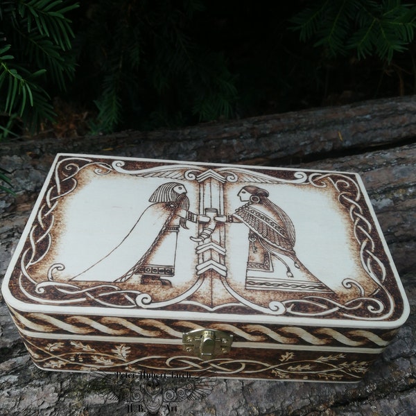 VIKING WEDDING wooden box - wooden box with pagan wedding and Irminsul-celtic wedding - pyrography art- woodburning art - wedding gift