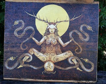 GODDESS - wooden image - Great Mother wooden image-Goddess with snake - pyrography art - wooden gift