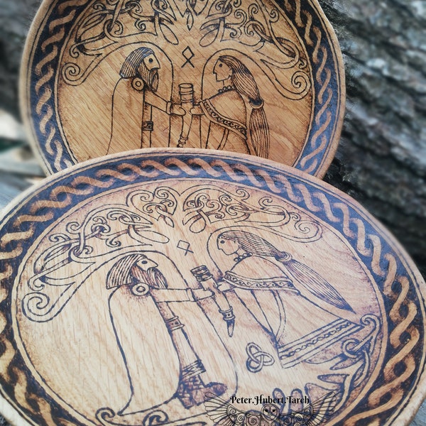 VIKING WEDDING - set of two plates - Pagan wedding wooden gift-Celtic wedding - viking decor - pyrography art - woodburning - wooden gift