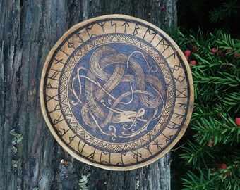 ANGLO-SAXON - wooden plate with dragon and Futhorck - VIKING wooden plate - viking decor - pyrography art-woodburning - wooden gift