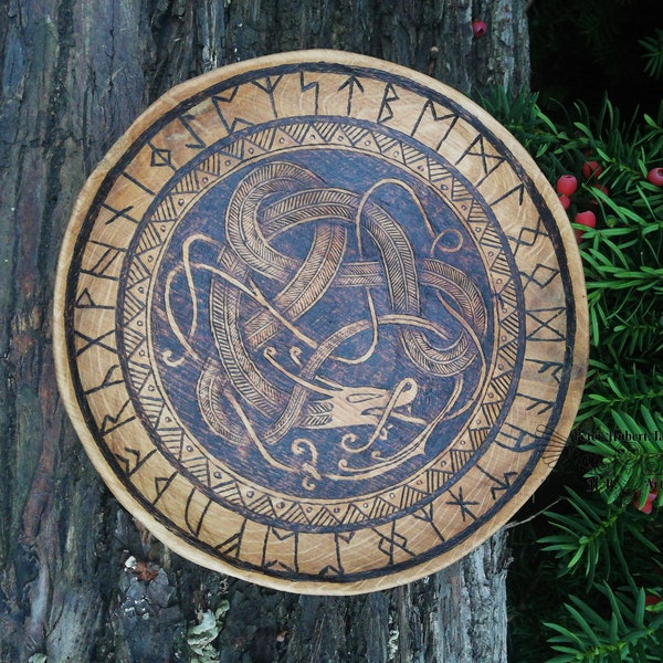 ANGLO-SAXON - wooden plate with dragon and Futhorck - VIKING wooden plate - viking decor - pyrography art-woodburning - wooden gift