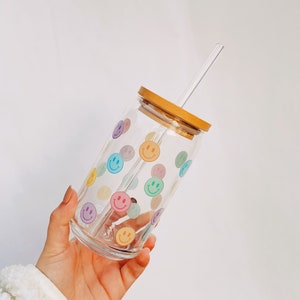 Happy Face Rainbow Glass; Smiley Beer Can Cup; Iced Coffee; Cute; Reusable; Trendy; Bachelorette; Gifts for Her; Stocking Stuffer; Present