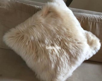 Beige Alpaca fur pillow cover, decorative cushion, Lovely Alpaca Fur Pillow Plush Very Soft - fluffy Alpaca pillow cover, handmade in peru