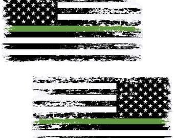 Thin Green Line Distressed American Flag Decals - Military and Army Support, Forward & Reverse (2-Pack, 5.9" x 3.2")