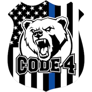 May include: Shield-shaped graphic with a bear's head, stars, stripes, and the text "CODE 4." The bear is white with a snarling expression. The shield has a black and white striped background with a blue stripe.