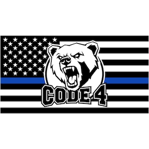 May include: A black and white graphic featuring a bear with bared teeth, set against a stylized American flag. The flag has a blue line and the text "CODE 4" in bold letters. The bear is the central focus of the design.