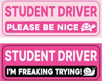 Funny Student Driver Stickers (Pink, Non-Magnetic) - Reusable & Removable (2-Pack)