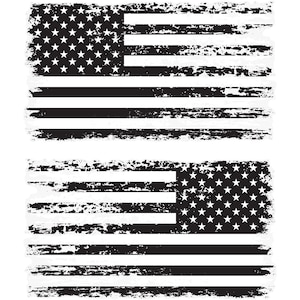 May include: Two distressed American flags in black and white. Each flag features the traditional stars and stripes design with a worn, textured appearance. The flags are set against a plain white background.