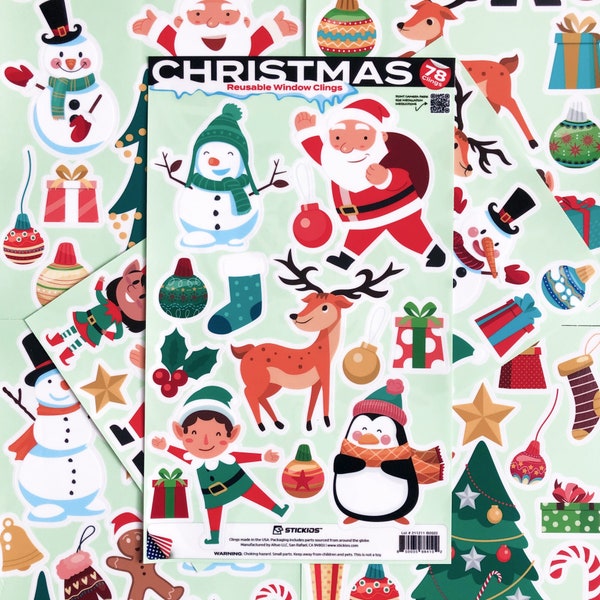 Xmas Window Clings - 78 Unique Christmas Character Stickers - Removable, Reusable Christmas Decorations - For Windows & Nonporous Surfaces