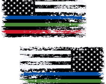 Thin Blue Red Green Line Distressed American Flag Decals - Forward & Reverse (2-Pack, 5.9" x 3.2")