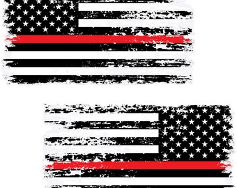 Thin Red Line Distressed American Flag Decals - Firefighter Support, Forward & Reverse (2-Pack, 5.9" x 3.2")