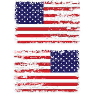 May include: Two distressed American flags with a white background. The top flag has the stars on the left and the stripes on the right. The bottom flag has the stars on the right and the stripes on the left.