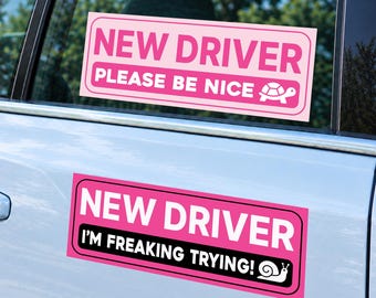 Funny New Driver Stickers (Pink, Non-Magnetic) - Reusable & Removable (2-Pack)