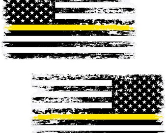 Thin Yellow Line Distressed American Flag Decals - 911 Dispatcher Support, Forward & Reverse (2-Pack, 5.9" x 3.2")