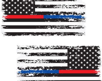 Red Blue Line Distressed American Flag Decals - Police and Firefighter Support, Forward & Reverse (2-Pack, 5.9" x 3.2")