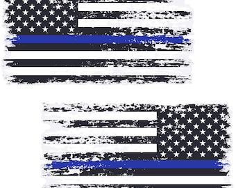 Thin Blue Line Distressed American Flag Decals - Back the Blue, Forward & Reverse (2-Pack, 5.9" x 3.2")