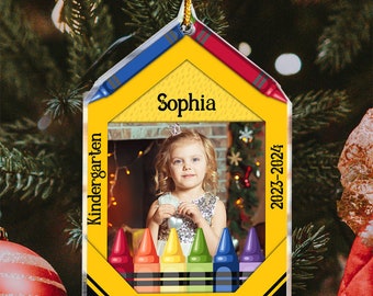 Cute Kid Crayon Picture School - Personalized Acrylic Photo Ornament, 2023 Kid Christmas Ornament, Custom Photo Crayon School Ornament