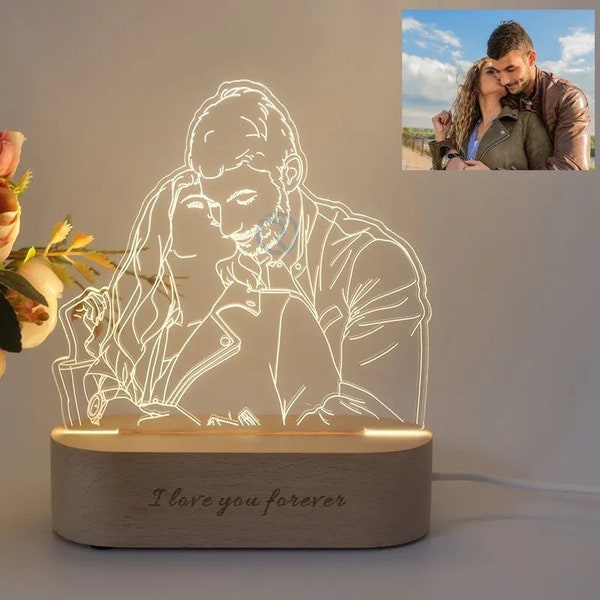 Custom Couple Portrait From Photo Engraving on Night Light, Personalized Photo Lamp, Valentines Day Gift, Couple Desk Lamp, Wedding Gift
