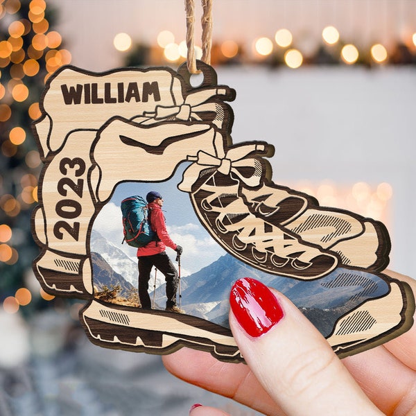 Hiking Boots Ornament - Personalized Wooden Photo Ornament, Custom Adventure Ornament, Funny Ornament,  Christmas Ornament, Xmas Tree Decor