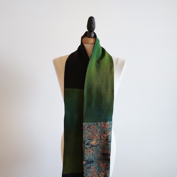 Blue Green, Brown, Green and Black Color Chirimen Crepe Silk Japanese Scarf, Vintage Kimono Scarf, Dutch ship and people, village pattern