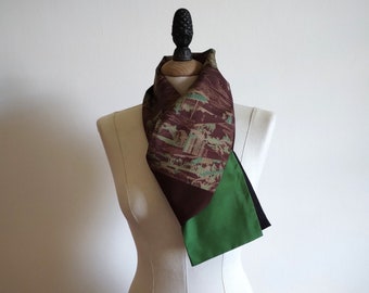 Bufanda de seda de color marrón, gris y verde, bufanda estilo kimono, chal de tela vintage, patrón Edo, regalo para ella, regalo para él