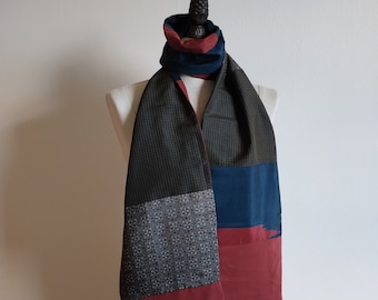 Blue Green, Brown, Green and Black Color Chirimen Crepe Silk