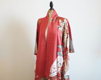 Red Color Long Sleeve Silk Kimono, Vintage Japanese silk Kimono