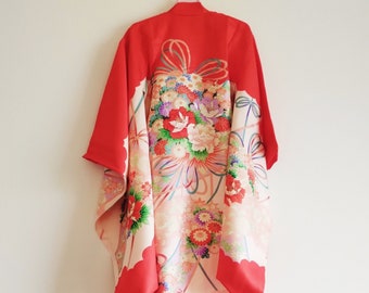 Vintage Japanese Silk Kimono for little girl, Flower Pattern Japanese Silk Jacket Coat , Kimono with under Kimono