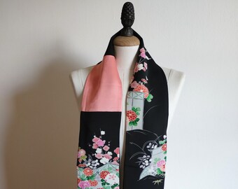 Bufanda de seda de color rosa y negro, bufanda de tela vintage, bufanda estilo kimono, chal de seda con estampado floral, regalo para ella