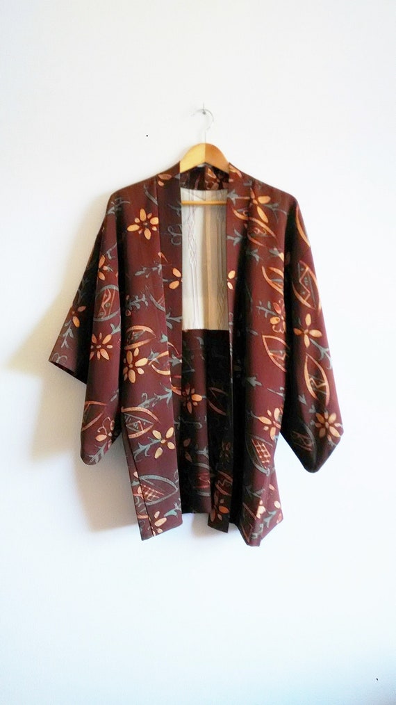 Brown Color Flower Pattern Japanese Vintage Silk Hao… - Gem