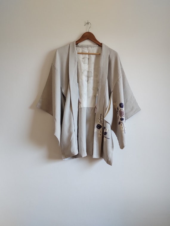 Pale Gray Color Unused Vintage Silk Haori,  Chiri… - image 1