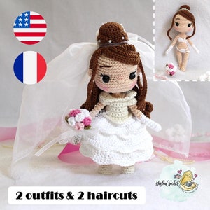 May include: A crocheted doll dressed in a white wedding gown with a veil and holding a bouquet of pink flowers. The doll has brown hair and is wearing a white headband with pearls. The doll is standing on a white surface. The image also shows a smaller version of the doll in a white lingerie outfit. The text "2 outfits & 2 haircuts" is at the bottom of the image.