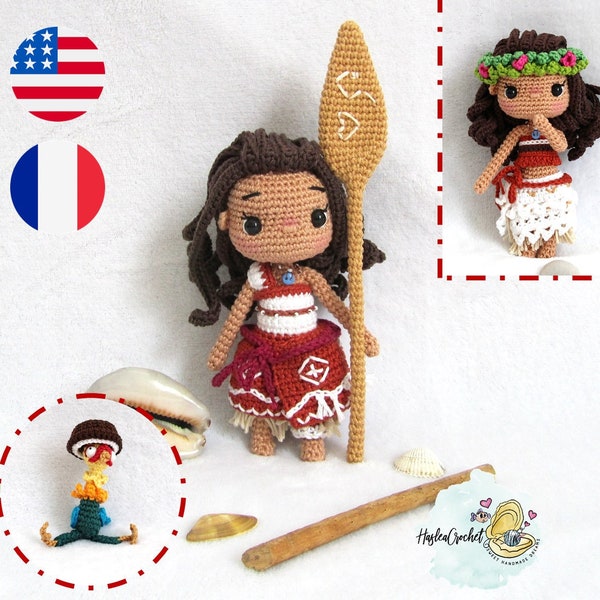 Modèle au crochet pour poupée Amigurumi : Moana 2 et Hei-Hei en anglais et en français