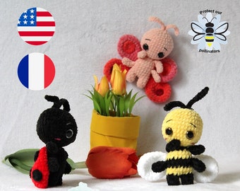 May include: Crocheted stuffed animals of a ladybug, bee, and butterfly. The bee is yellow and black with white wings. The ladybug is black with red spots. The butterfly is pink and red. The animals are sitting on a white surface with a vase of tulips in the background. The text "Protect our pollinators" is in the upper right corner of the image.