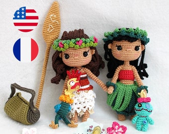 Bundle Lilo & Moana Amigurumi-Puppen-Häkelmuster in Englisch und Französisch