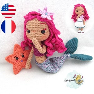 Patrón muñeca amigurumi crochet: Rosa la sirena en inglés y francés