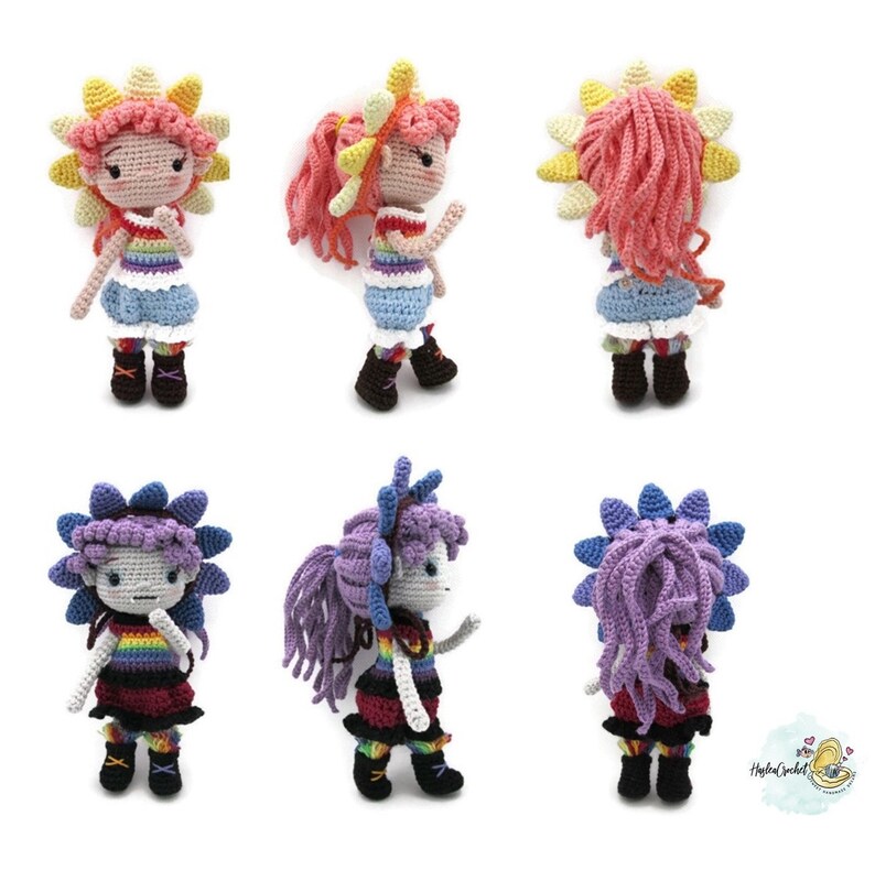 May include: Six crocheted dolls with rainbow-colored clothing and flower-shaped hair. Three dolls have pink hair and yellow flowers, and three dolls have purple hair and blue flowers.