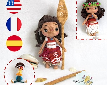 Amigurumi Puppe Häkelanleitung: Vaiana und Hei-Hei in Englisch, Französisch und Spanisch