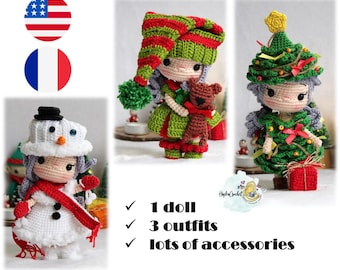 Bundle Steren 3 outfits : Christmas Elf, Christmas tree and Snowman costume Amigurumi doll crochet Pattern in English and French