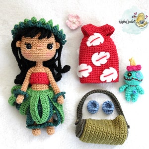 Modèle de poupée Amigurumi au crochet : Lilo et Scrump la tahitienne en anglais et en français image 3