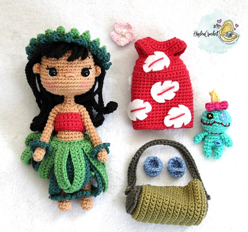 Modèle de poupée Amigurumi au crochet : Lilo et Scrump la tahitienne en anglais et en français image 3