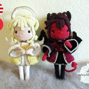 Wzór na lalkę amigurumi na szydełku: Anioł i demon w języku angielskim i francuskim