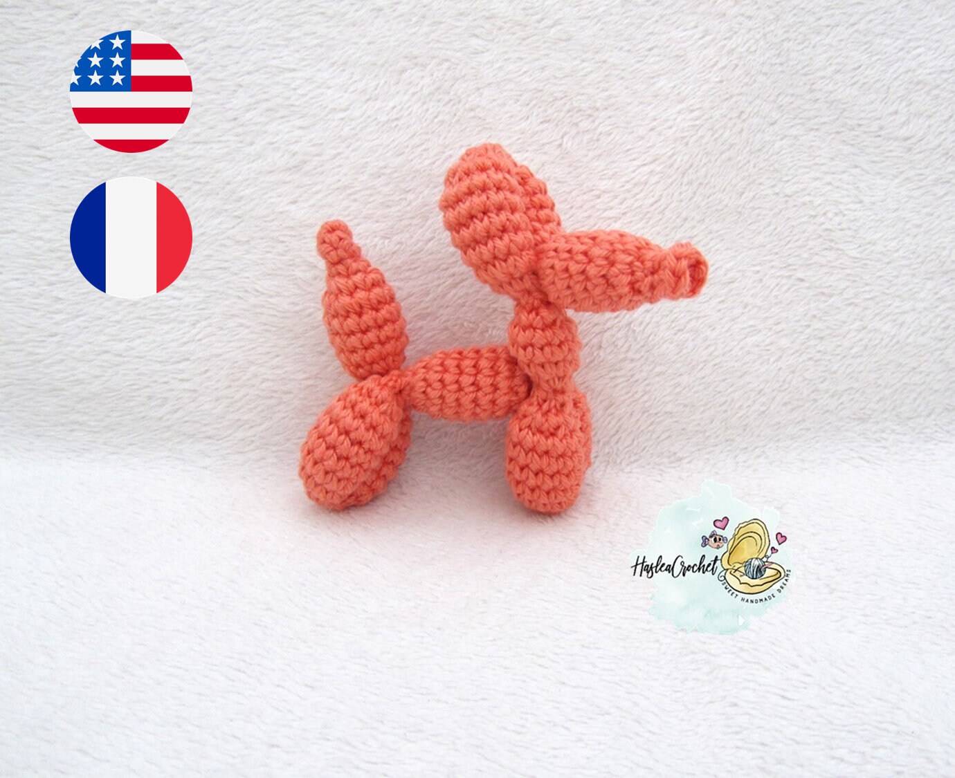Amigurumi little balloon dog crochet pattern in English and French